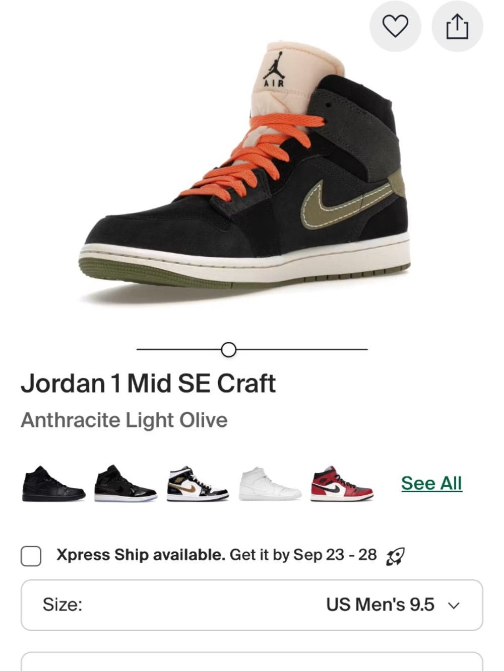 Jordan 1 Mid SE Craft Anthracite Light Olive M9. W11